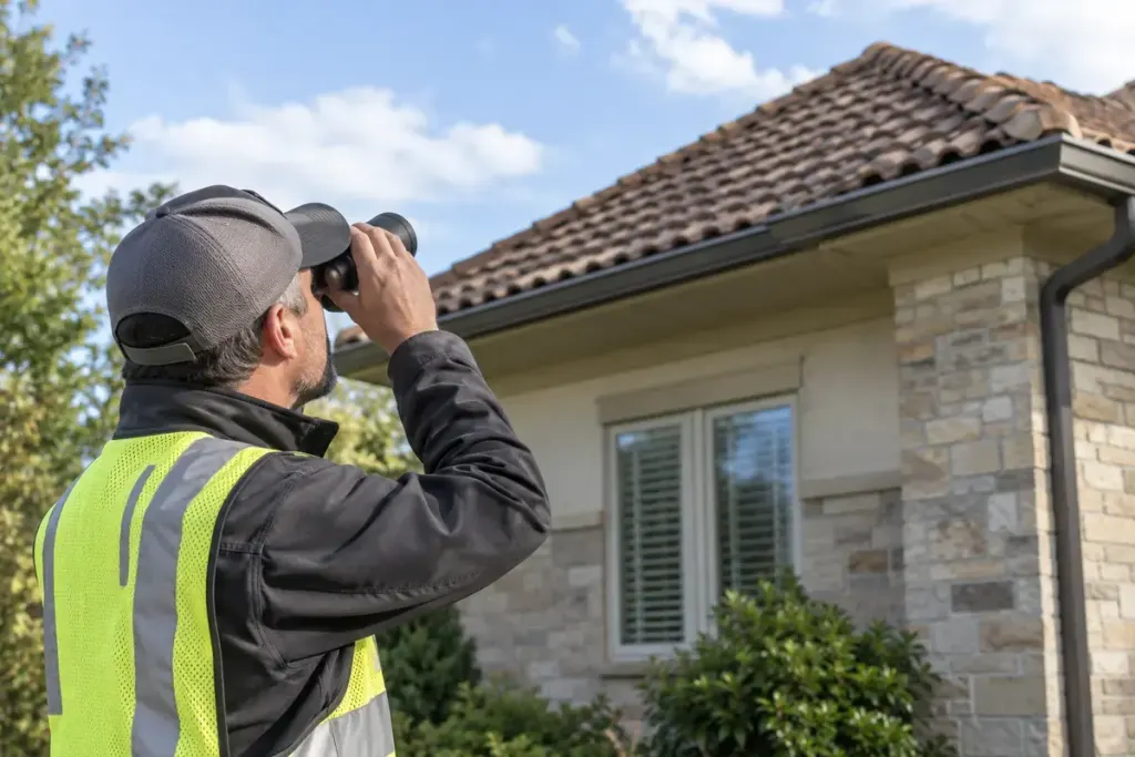 A roofing professional inspecting a tiled residential roof safely from ground level with binoculars.