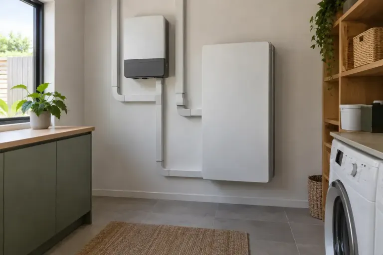 A closed home battery and inverter installed neatly on a utility-room wall in an illustrative setting.