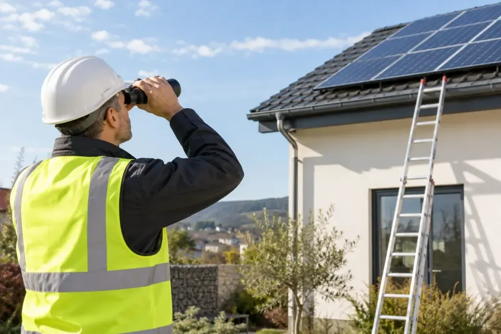 A professional on the ground inspecting rooftop solar panels with binoculars.