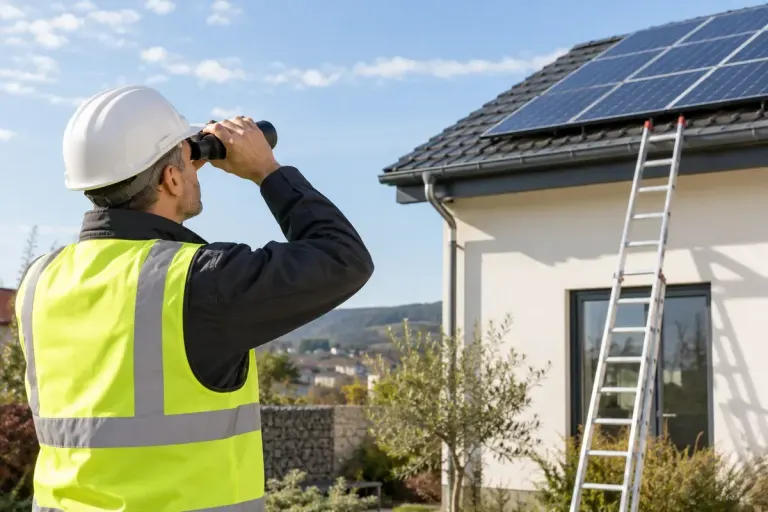 A professional on the ground inspecting rooftop solar panels with binoculars.