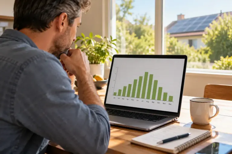 A homeowner studying a monthly solar energy bar chart beside a sunny window.