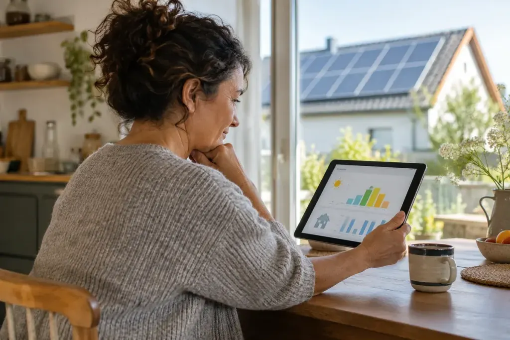 A homeowner looking at a tablet with abstract unreadable energy bars near a window with rooftop solar visible.