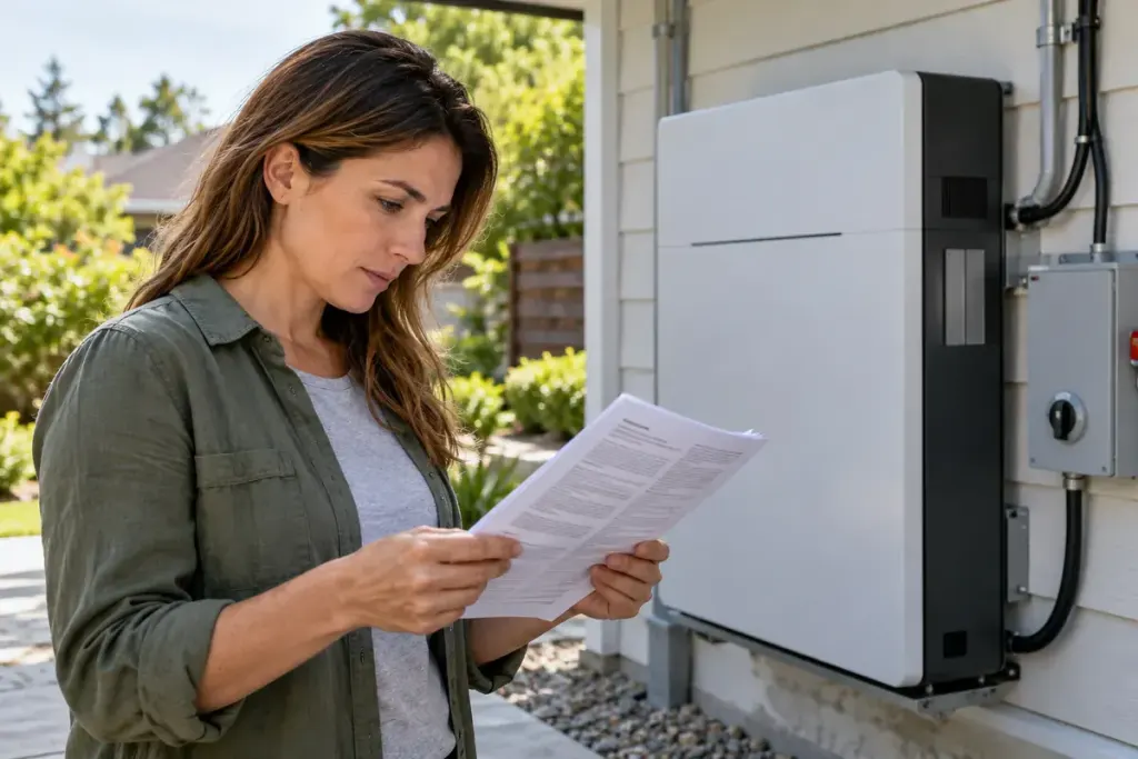 A homeowner reading a battery warranty beside a professionally installed home battery.