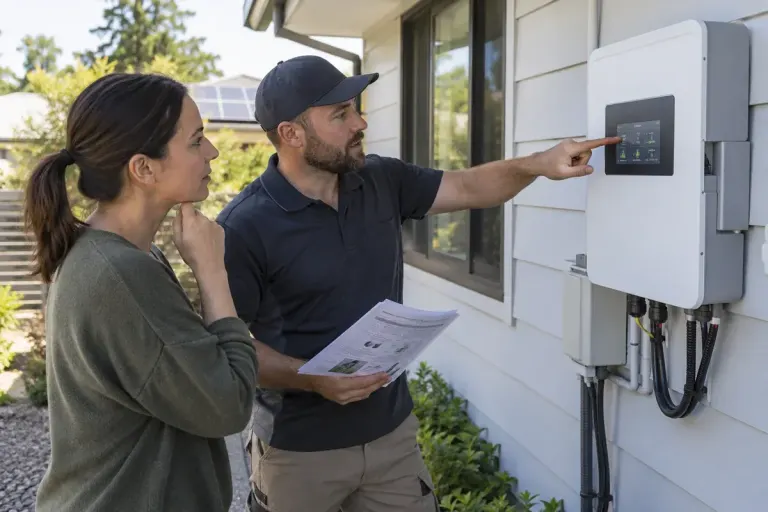 Homeowner and installer reviewing a residential solar inverter display safely from a distance, no open electrical cabinet, daylight.