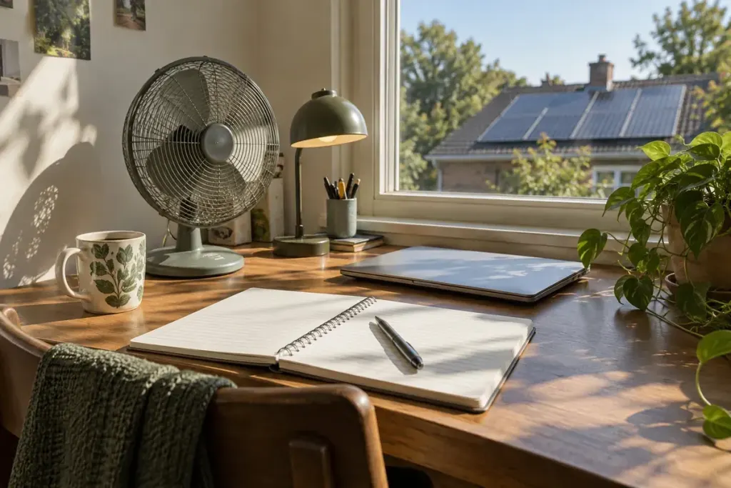 A notebook, desk lamp and fan on a household energy-planning desk, with rooftop panels visible outside.