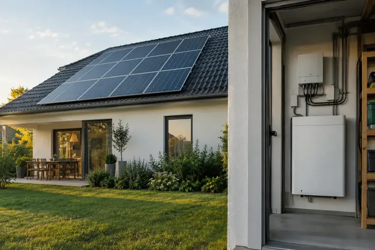 Residential rooftop solar panels with a neat wall-mounted battery in a separate visible utility area, realistic house exterior.