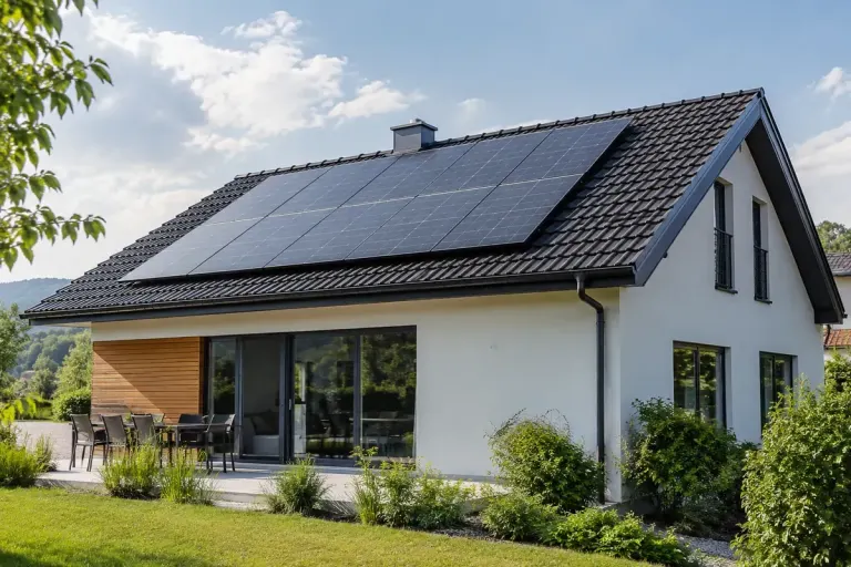 A modern residential roof with neat solar panels viewed from a safe ground position.