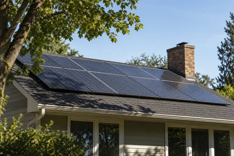 Residential solar array with realistic partial tree shadow across one edge, wide view showing nearby chimney and tree.