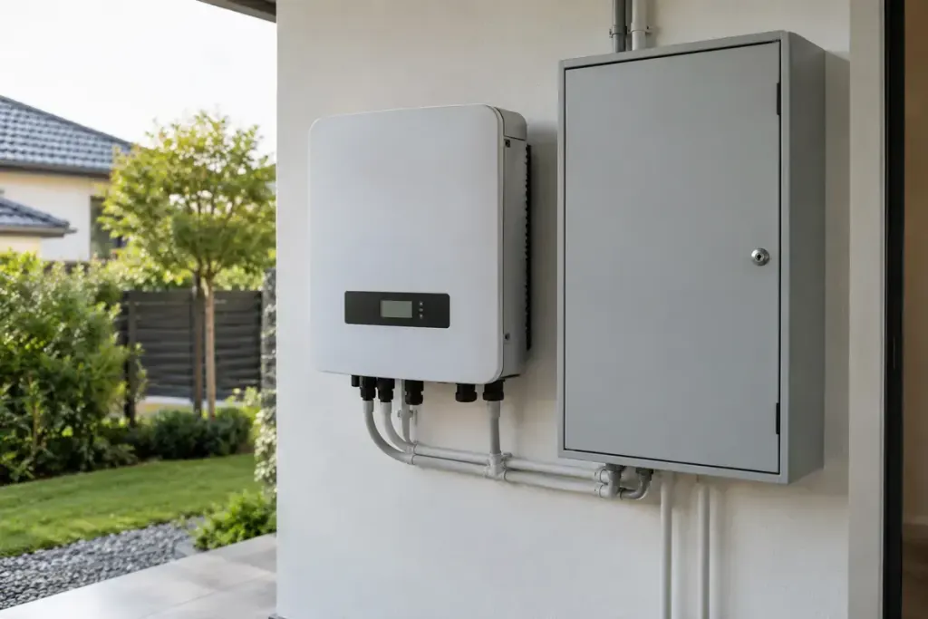 An installed residential solar inverter beside a neat closed electrical cabinet.