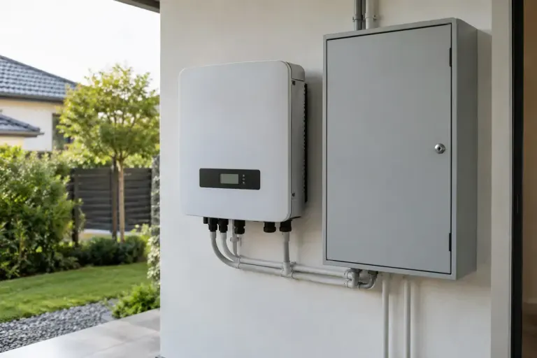An installed residential solar inverter beside a neat closed electrical cabinet.